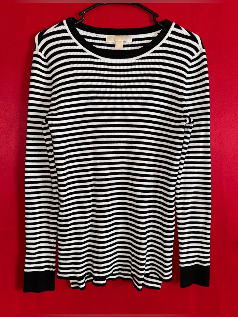 🔥#455-Michael Kors Black/White Striped Lightweight Knit Top Size Small